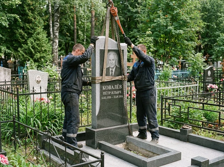 Демонтаж памятника на кладбище в Оренбурге — бригада аккуратно снимает старый гранитный памятник с могилы