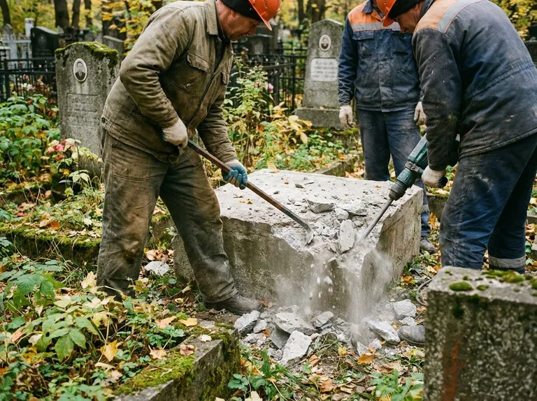 Демонтаж бетонного цоколя и тумбы памятника в Оренбурге