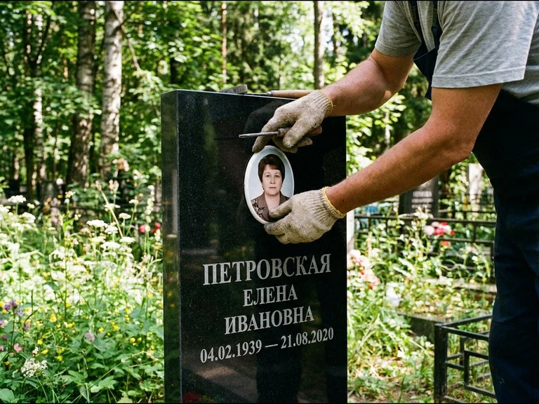 Фото на керамике на памятник в Оренбурге — мастер устанавливает овальный керамический портрет на гранитный памятник