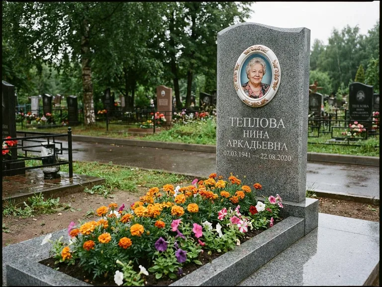 Керамический портрет на памятнике с цветами в Оренбурге