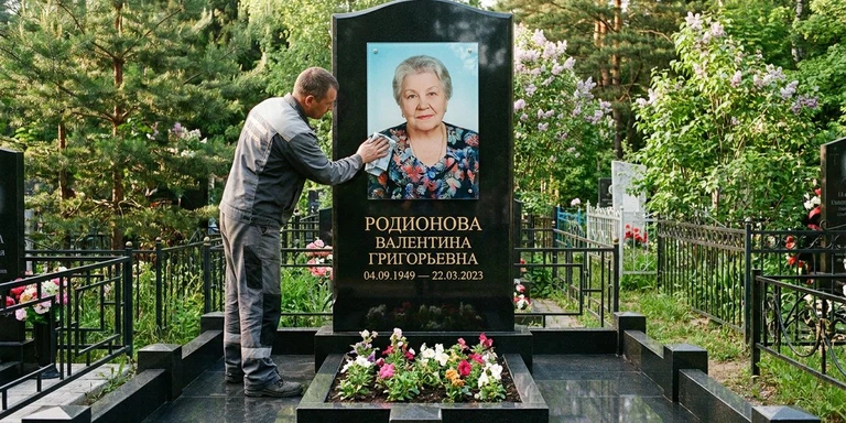Фотокерамика и печать фото на памятник в Оренбурге — мастер устанавливает цветной портрет на стекле на гранитный памятник