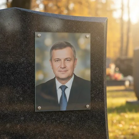 Портрет на стекле на держателях на чёрном граните в Оренбурге