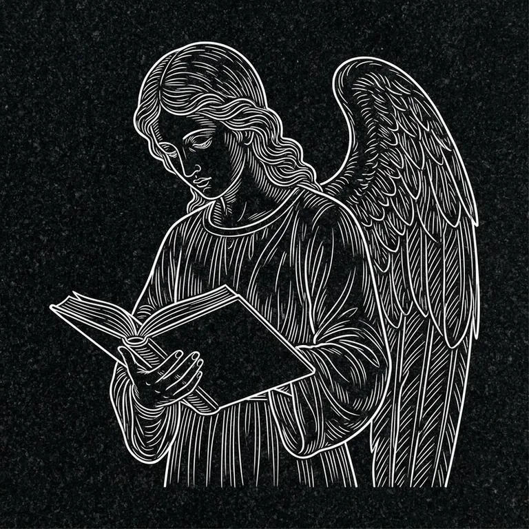 Эскиз гравировки ангела на памятник — ангел с раскрытой книгой в Оренбурге