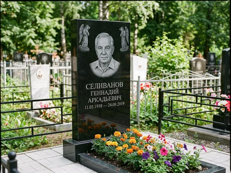 Памятник с гравировкой ангела — гравировка двух ангелов по сторонам портрета, работа «Селиванов» в Оренбурге