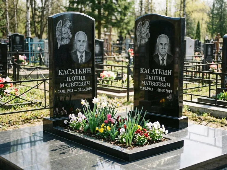 Памятник с гравировкой ангела — гравировка молящегося ангела в верхней части стелы, работа «Касаткин» в Оренбурге