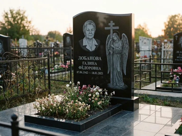 Памятник с гравировкой ангела — гравировка ангела с крестом рядом с эпитафией, работа «Лобанова» в Оренбурге