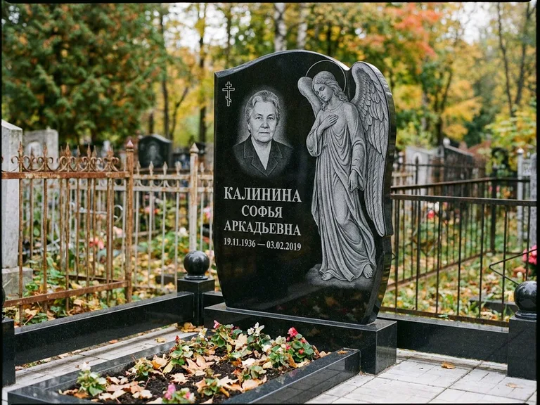 Памятник с гравировкой ангела — гравировка ангела с крестом рядом с эпитафией, работа «Игнатова» в Оренбурге