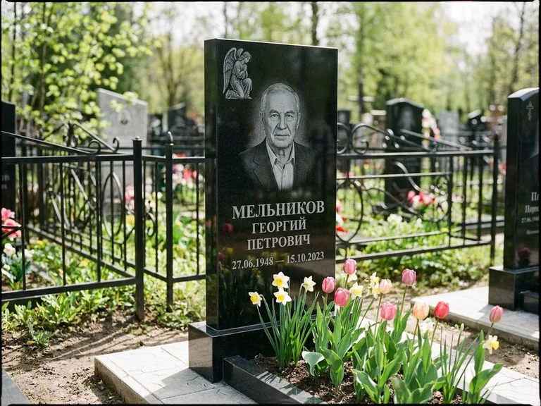 Памятник с гравировкой ангела — гравировка ангела с голубем по диагонали стелы, работа «Доронин» в Оренбурге