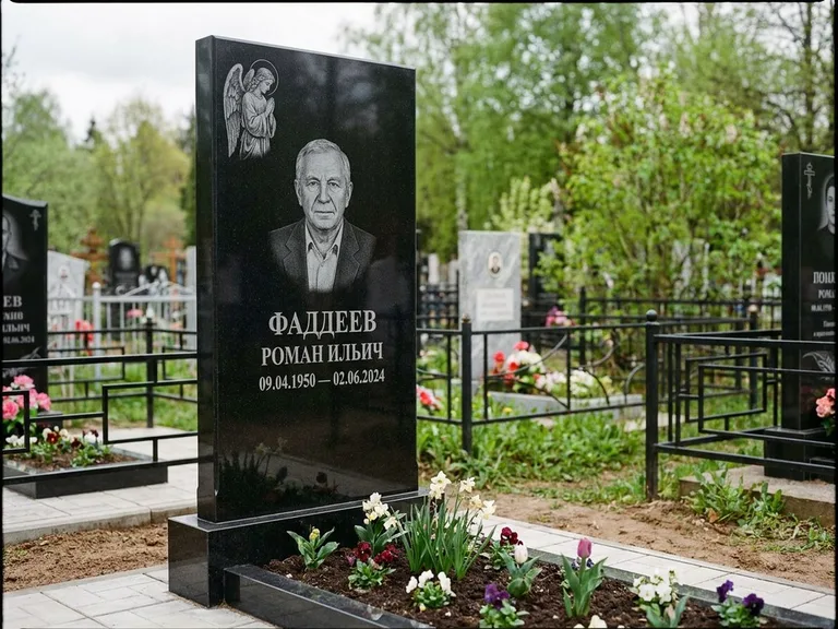 Памятник с гравировкой ангела — гравировка молящегося ангела в верхней части стелы, работа «Фаддеев» в Оренбурге