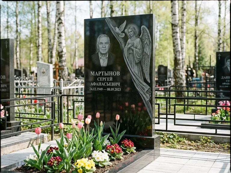 Памятник с гравировкой ангела — гравировка двух ангелов по сторонам портрета, работа «Касаткин» в Оренбурге