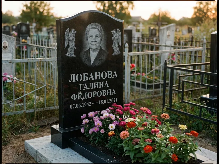 Памятник с гравировкой ангела — гравировка двух ангелов по сторонам портрета, работа «Лобанова» в Оренбурге