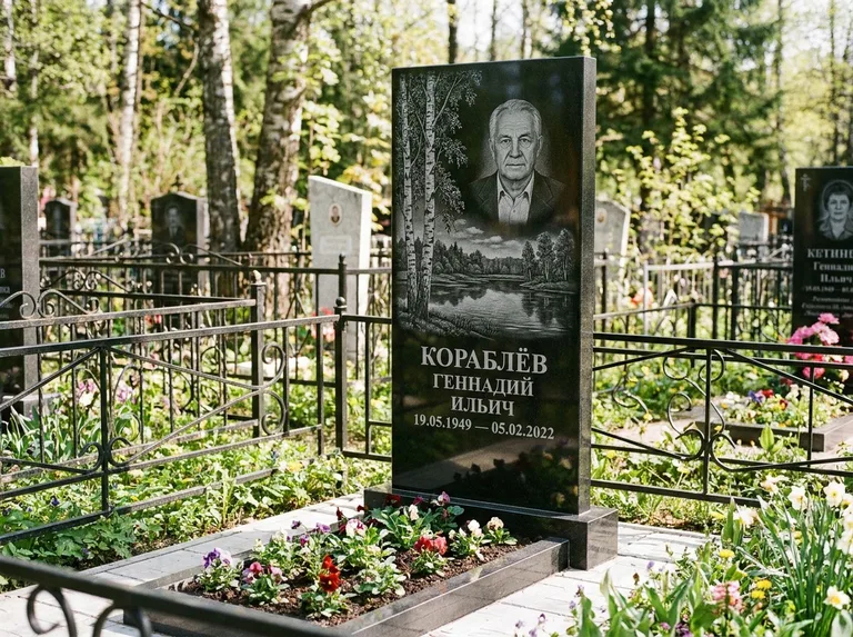 Памятник с гравировкой берёзы — гравировка берёзы у зеркального озера, работа «Кораблёв» в Оренбурге
