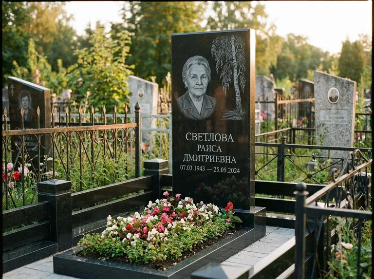 Памятник с гравировкой берёзы — гравировка плакучей берёзы с тонкими ветвями, работа «Светлова» в Оренбурге