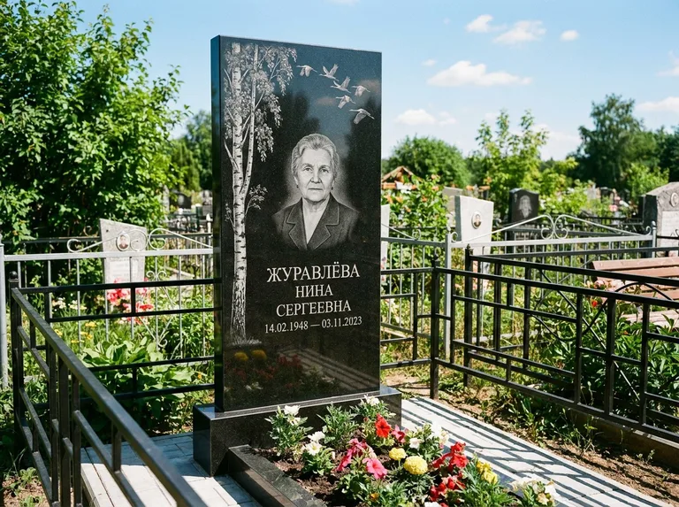Памятник с гравировкой берёзы — гравировка берёзы с журавлиным клином в небе, работа «Журавлёва» в Оренбурге