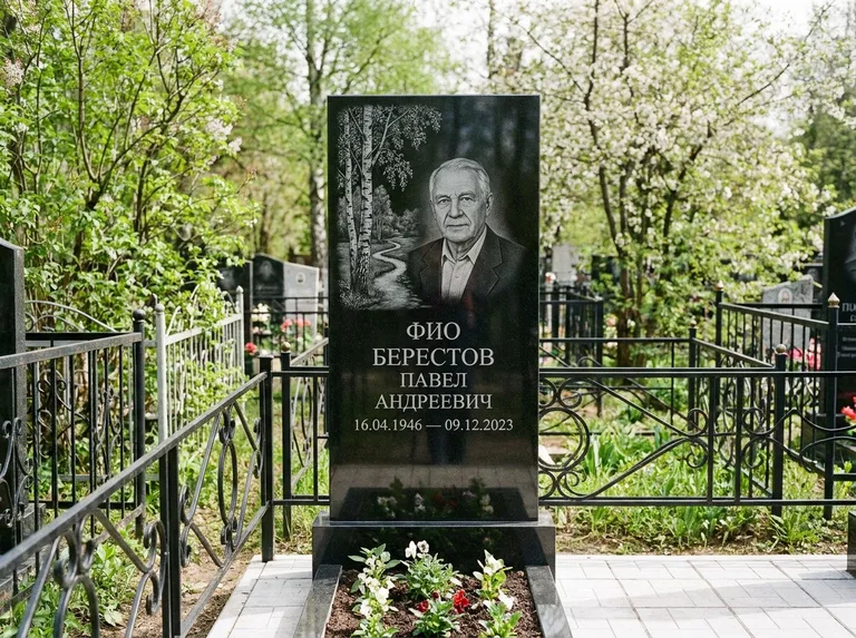 Памятник с гравировкой берёзы — гравировка берёзы у тропинки, уходящей вдаль, работа «Берестов» в Оренбурге