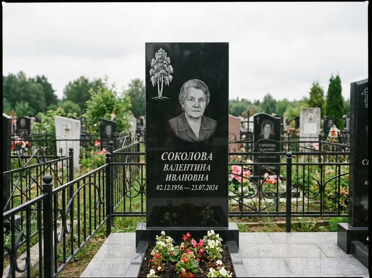 Памятник с гравировкой берёзы — гравировка одинокой берёзы над именем, работа «Соколова» в Оренбурге