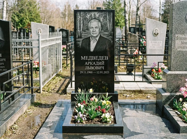 Памятник с гравировкой берёзы — гравировка берёзовой рощи в глубину, работа «Медведев» в Оренбурге
