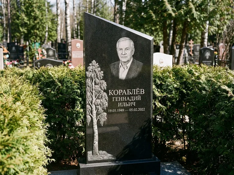 Памятник с гравировкой берёзы: асимметричная скошенная стела — объёмная одинокая берёза с фактурной корой, живая изгородь из туи, работа «Кораблёв» в Оренбурге