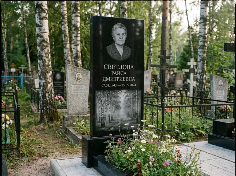 Памятник с гравировкой берёзы: двойная семейная стела — берёзовая роща в лёгкой дымке, цветник с полевыми цветами, работа «Светлова» в Оренбурге