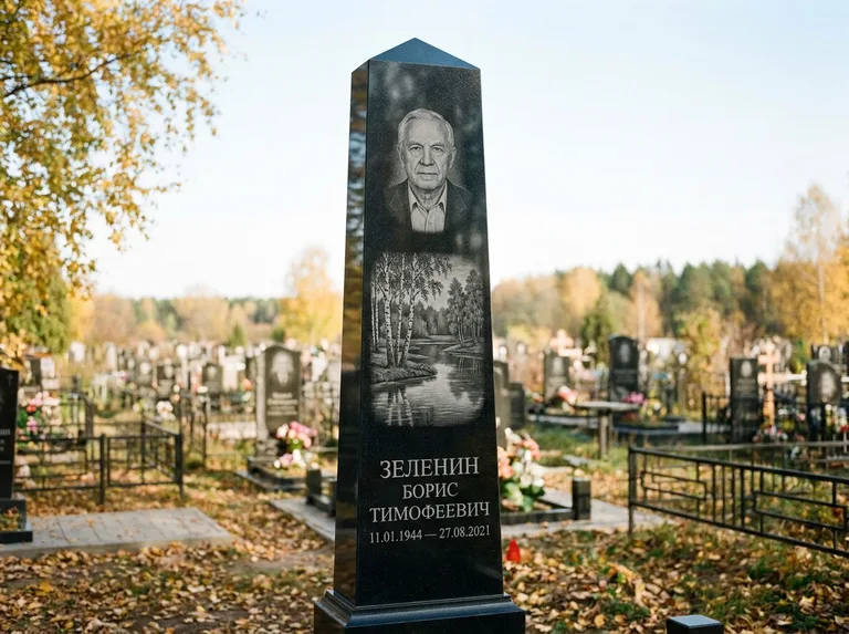 Памятник с гравировкой берёзы: гранёный обелиск-колонна — берёза у воды с отражением, открытый участок, мягкий свет, работа «Зеленин» в Оренбурге