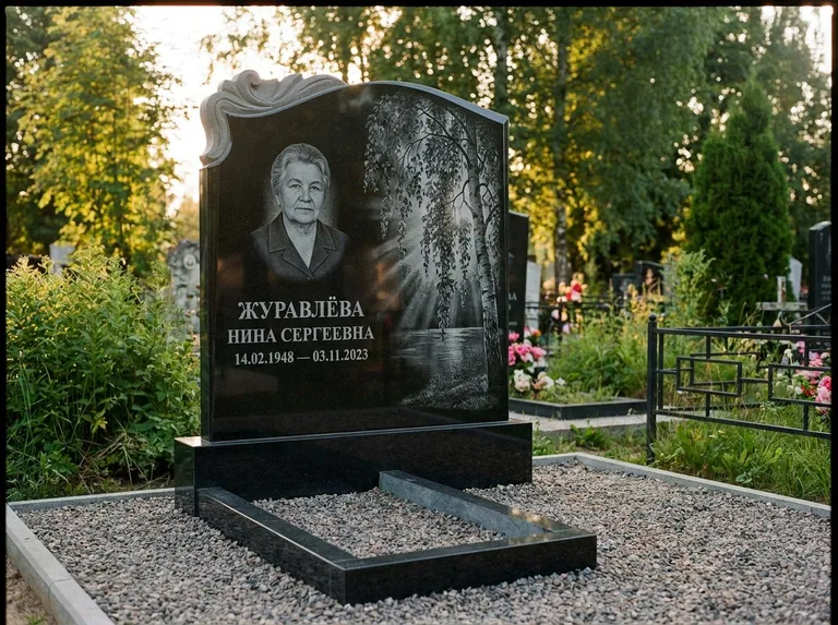 Памятник с гравировкой берёзы: стела с фигурным резным верхом — плакучая берёза в контровом свете, гравийная отсыпка, рассвет, работа «Журавлёва» в Оренбурге