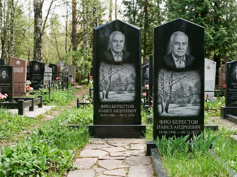 Памятник с гравировкой берёзы: массивная стела с двускатным навершием — зимняя берёза, снег на ветвях, дорожка из природного плитняка, работа «Берестов» в Оренбурге