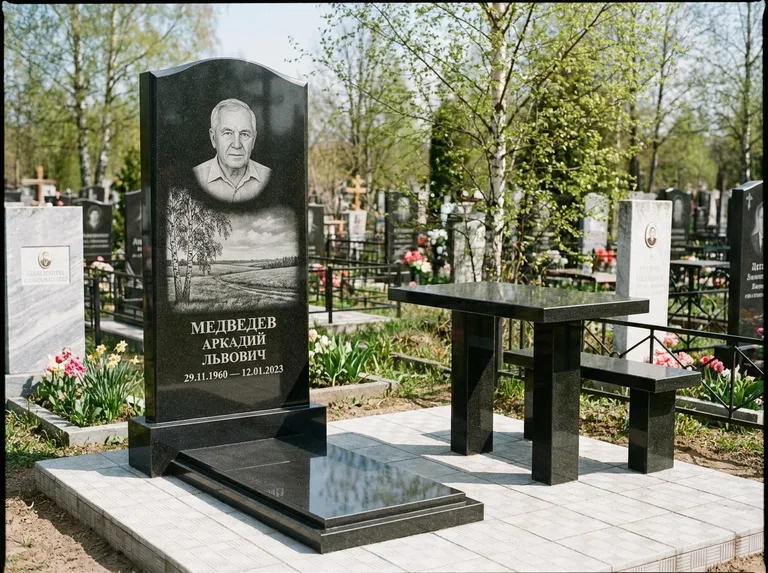 Памятник с гравировкой берёзы: стела с гранитным столиком и скамьёй — берёза у поля, простор до горизонта, семейный участок с плиткой, работа «Медведев» в Оренбурге