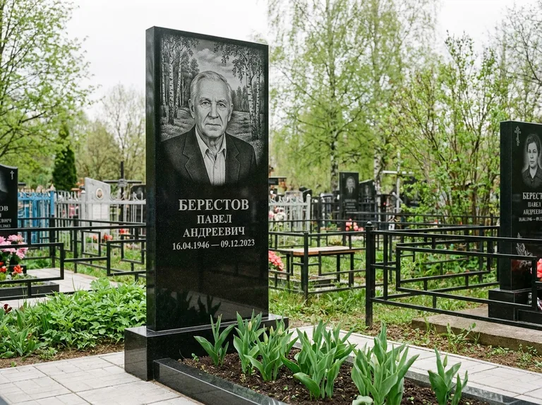 Памятник с гравировкой берёзы — гравировка берёзовой рощи в глубину, работа «Берестов» в Оренбурге