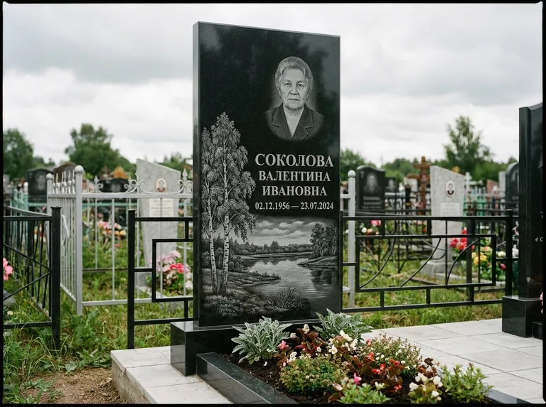 Памятник с гравировкой берёзы — гравировка берёзы у зеркального озера, работа «Соколова» в Оренбурге