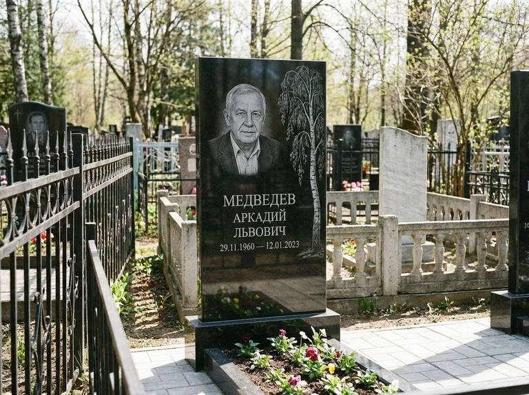 Памятник с гравировкой берёзы — гравировка плакучей берёзы с тонкими ветвями, работа «Медведев» в Оренбурге