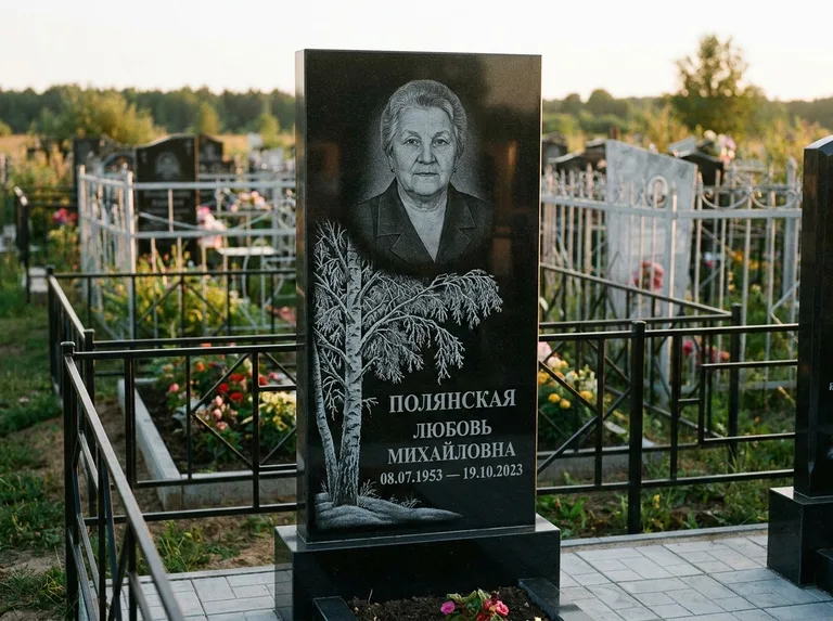 Памятник с гравировкой берёзы — гравировка зимней берёзы в инее, работа «Полянская» в Оренбурге