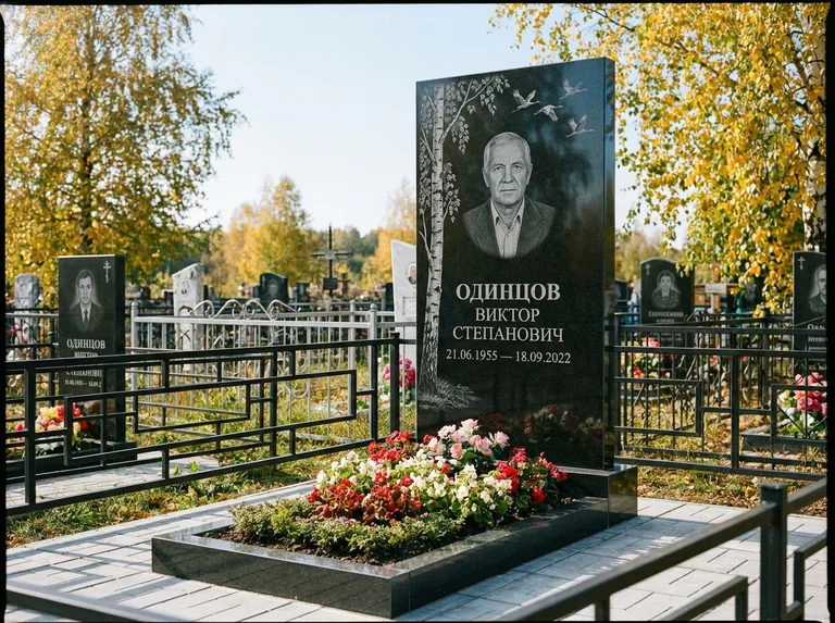Памятник с гравировкой берёзы — гравировка берёзы с журавлиным клином в небе, работа «Одинцов» в Оренбурге