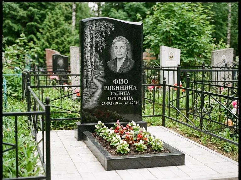 Памятник с гравировкой берёзы — гравировка берёзы у тропинки, уходящей вдаль, работа «Рябинина» в Оренбурге
