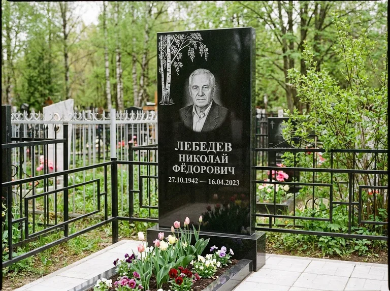 Памятник с гравировкой берёзы — гравировка одинокой берёзы над именем, работа «Лебедев» в Оренбурге