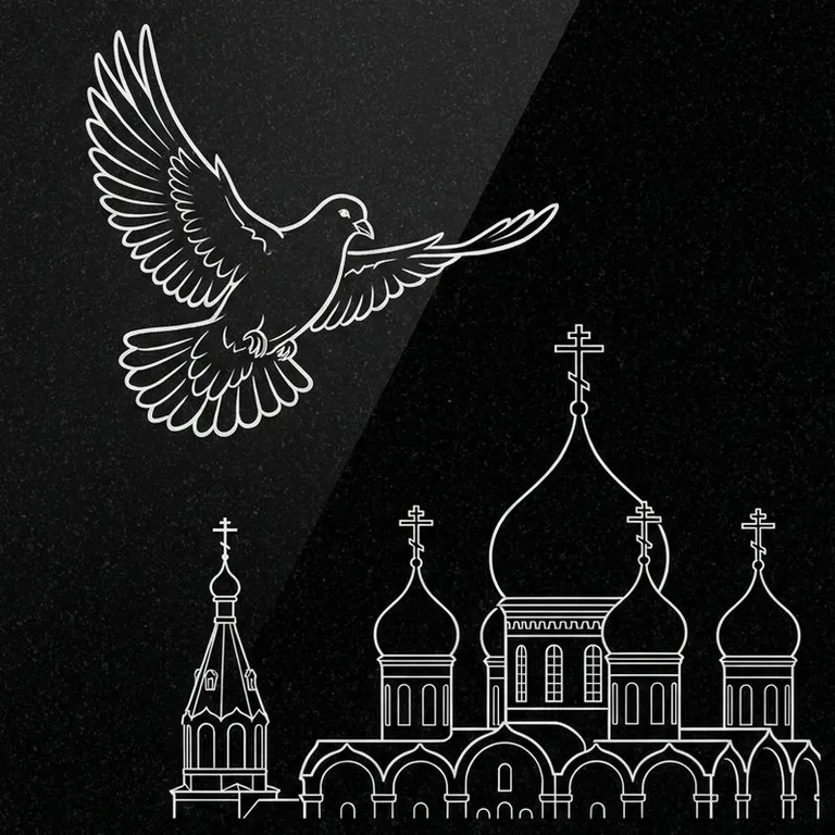 Эскиз гравировки голубей на памятник — голубь в небе над храмом в Оренбурге