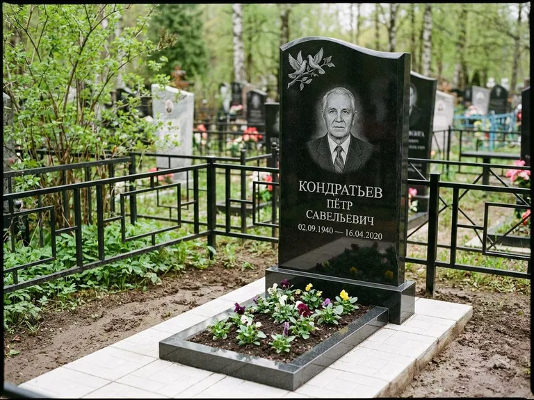 Памятник с гравировкой голубей — гравировка пары голубей на ветке в верхнем углу стелы, работа «Кондратьев» в Оренбурге