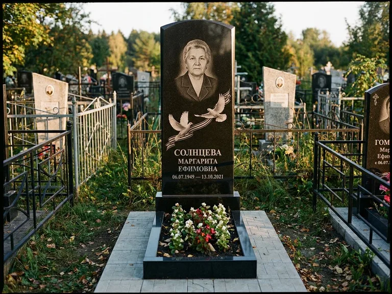 Памятник с гравировкой голубей — гравировка двух летящих голубей с лентой по диагонали стелы, работа «Солнцева» в Оренбурге