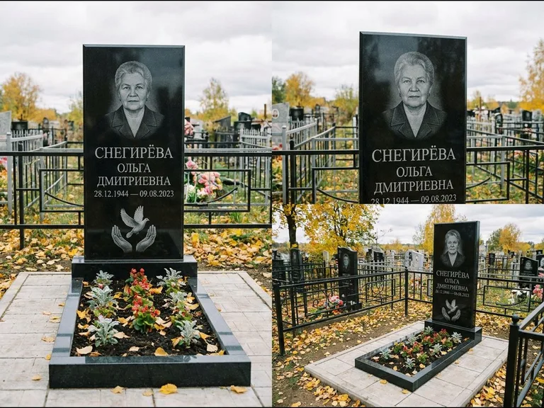 Памятник с гравировкой голубей — гравировка голубя над раскрытыми ладонями внизу стелы, работа «Снегирёва» в Оренбурге