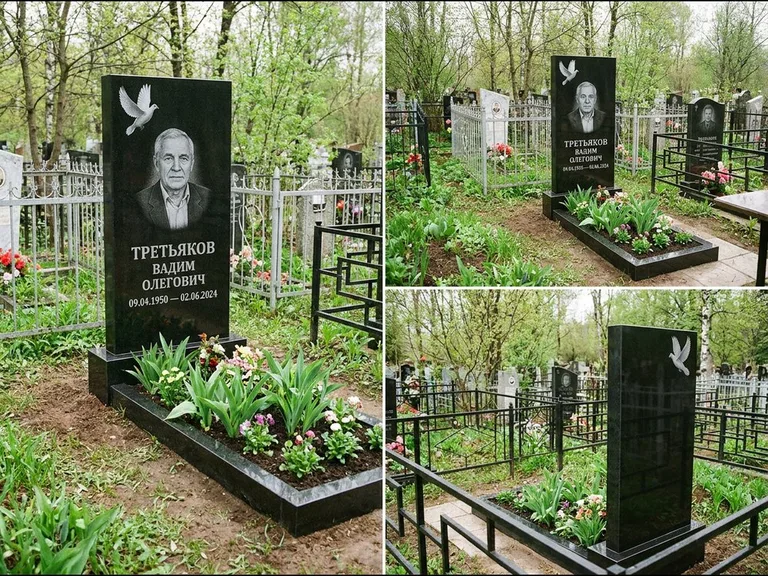Памятник с гравировкой голубей — белая гравировка взлетающего голубя над портретом, работа «Третьяков» в Оренбурге