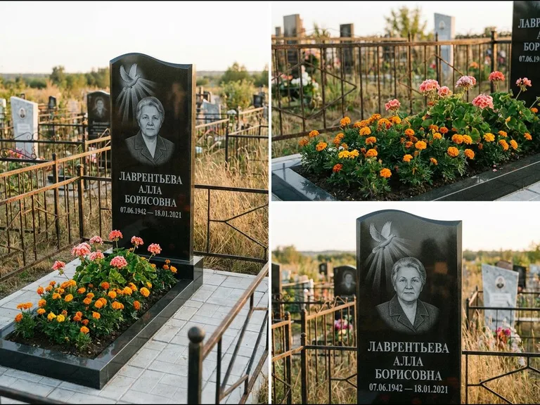 Памятник с гравировкой голубей — гравировка голубя в лучах света над портретом, работа «Лаврентьева» в Оренбурге