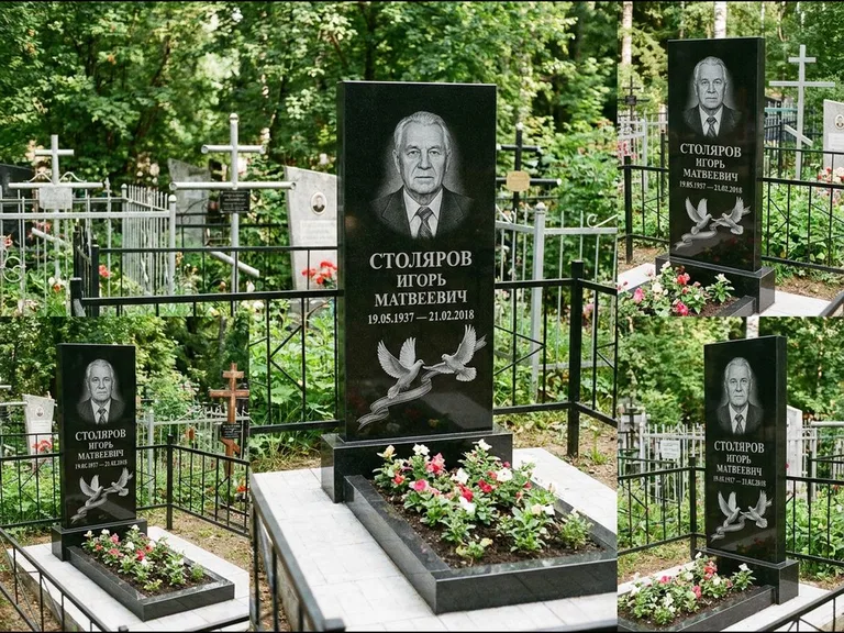 Памятник с гравировкой голубей — гравировка двух летящих голубей с лентой по диагонали стелы, работа «Столяров» в Оренбурге