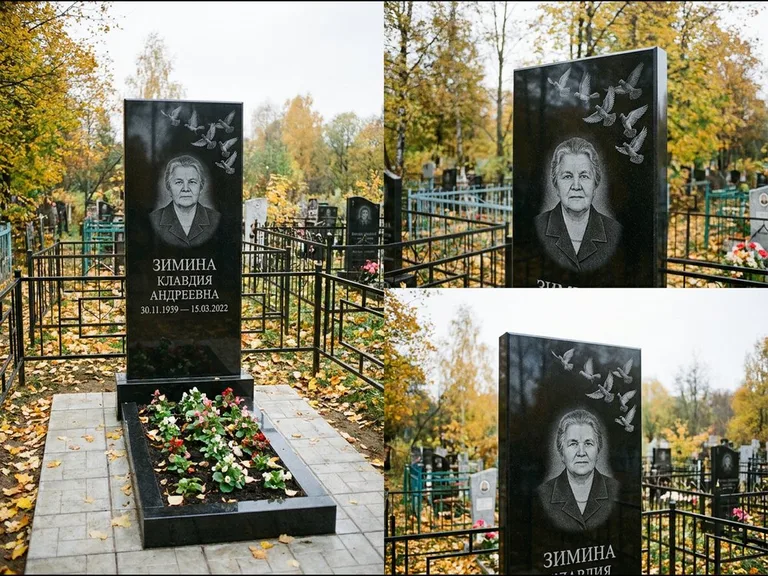 Памятник с гравировкой голубей — гравировка стаи голубей, взлетающей от угла стелы, работа «Зимина» в Оренбурге