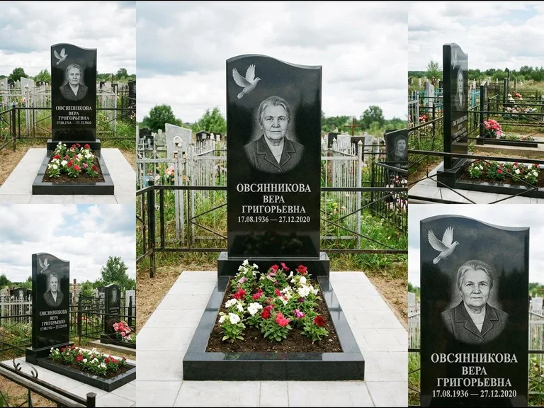Памятник с гравировкой голубей — белая гравировка взлетающего голубя над портретом, работа «Овсянникова» в Оренбурге