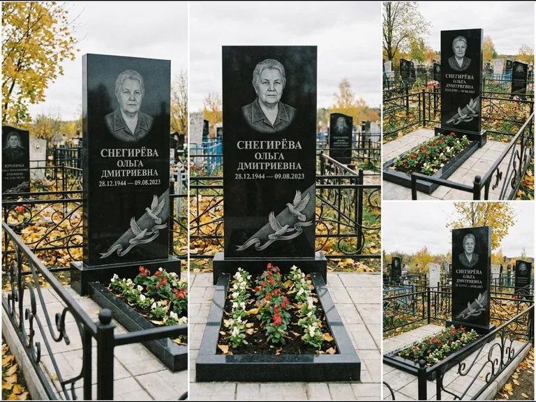Памятник с гравировкой голубей — гравировка двух летящих голубей с лентой по диагонали стелы, работа «Снегирёва» в Оренбурге