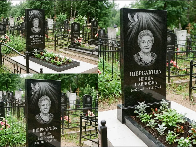 Памятник с гравировкой голубей — гравировка голубя в лучах света над портретом, работа «Щербакова» в Оренбурге