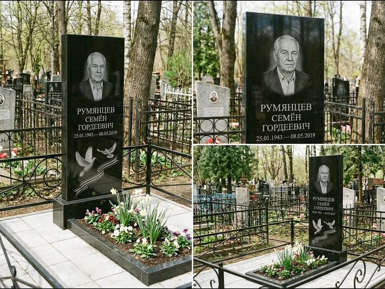 Памятник с гравировкой голубей — гравировка двух летящих голубей с лентой по диагонали стелы, работа «Румянцев» в Оренбурге