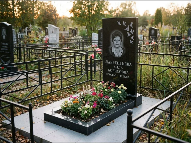 Памятник с гравировкой голубей — гравировка стаи голубей, взлетающей от угла стелы, работа «Лаврентьева» в Оренбурге