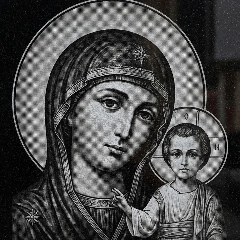 Эскиз иконы: Казанская (полутон) — детальный образ Богородицы, гравировка на памятник в Оренбурге