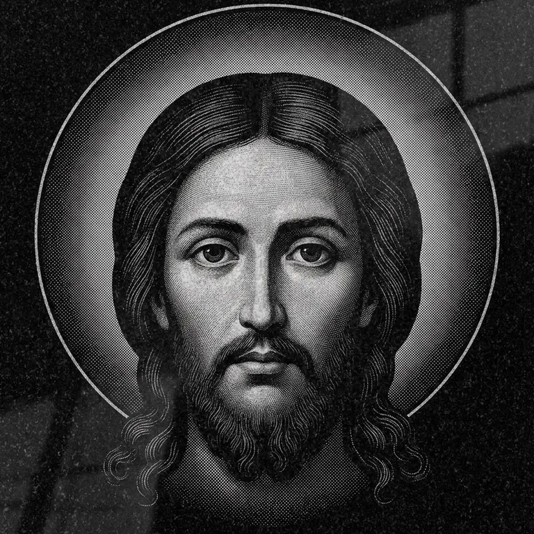 Эскиз иконы: Спас Нерукотворный (полутон) — детальный лик на убрусе, гравировка на памятник в Оренбурге