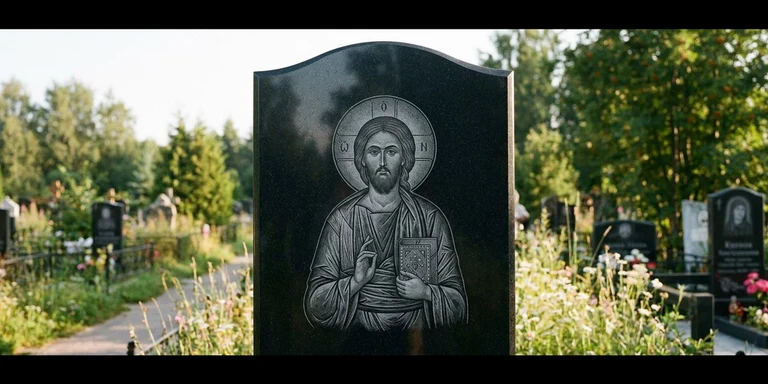 Иконы для гравировки на памятник в Оренбурге — образ на стеле из чёрного гранита с ручной доводкой лика